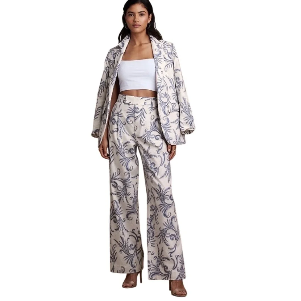 Banana Republic High Rise Linen Blend Paisley Wide Leg Pants 4 Coastal Resort